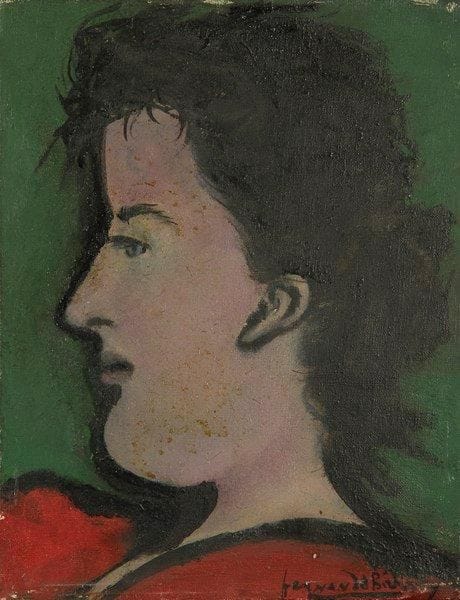 Fernande BARREY (1893-1960)
Profil de femme, 1952 Huile sur toile. Signée en bas à droite. Signée et datée au dos. 18 x 14 cm
