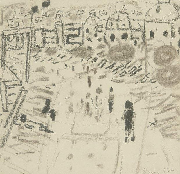 PIERRE LESIEUR (né en 1922)
La Promenade, 1957 Dessin au crayon noir. Signé et daté en bas à droite. 15 x 16 cm