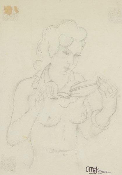 Jean METZINGER (1883-1956)
Femme au foulard Dessin à la mine de plomb collé sur panneau. Porte le tampon de la signature en bas à droite. (Traces d'adhésifs). 21 x 16 cm