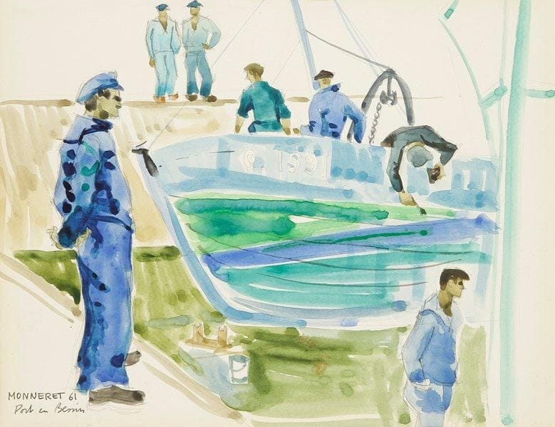 Jean MONNERET (né en 1922)
Port en Bessin, 1961 Aquarelle. Signée, datée et titrée en bas à gauche. 24 x 31 cm