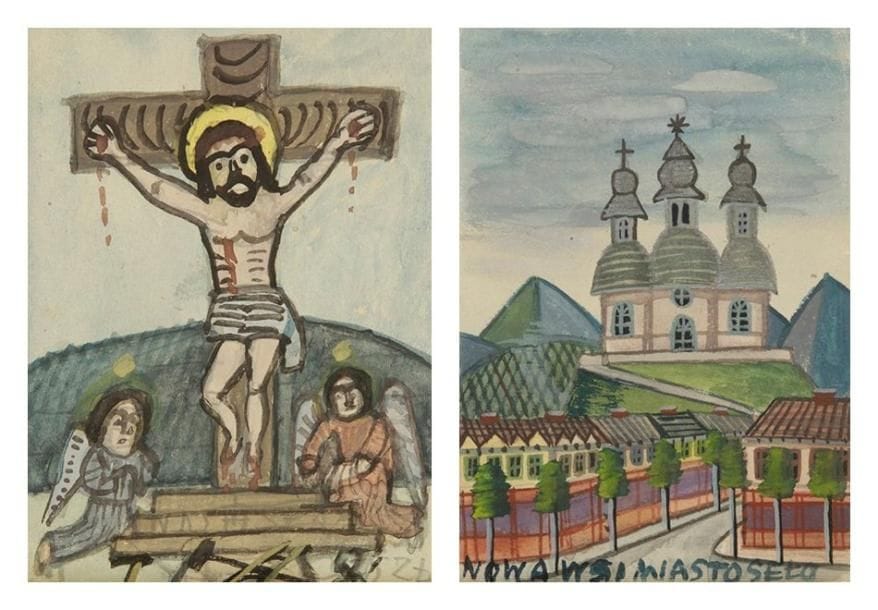NIKIFOR (1895-1968)
Christ en croix - Nowawsi Wastoseta Deux aquarelles et gouaches. Portent le tampon de l'artiste au dos. 13 x 10 cm et 20,5 x 15 cm