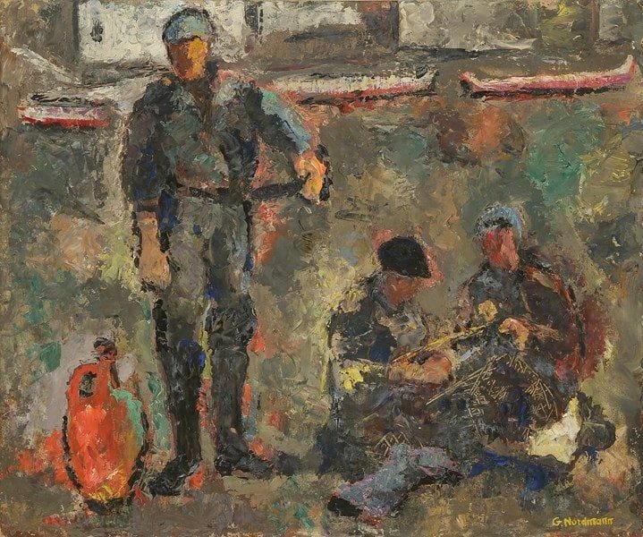 Germaine NORDMANN (1902-1997)
Les Travailleurs Huile sur carton. Signée en bas à droite. 38 x 46 cm