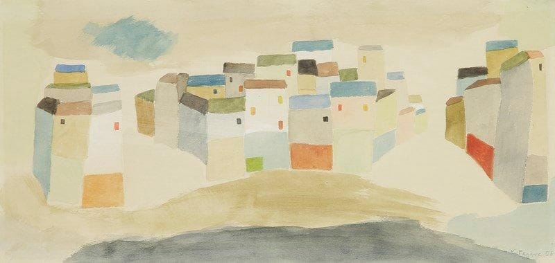 Vera PAGAVA (1907-1988)
Le Village, 1956 Aquarelle. Signée et datée en bas à droite. 21 x 44 cm