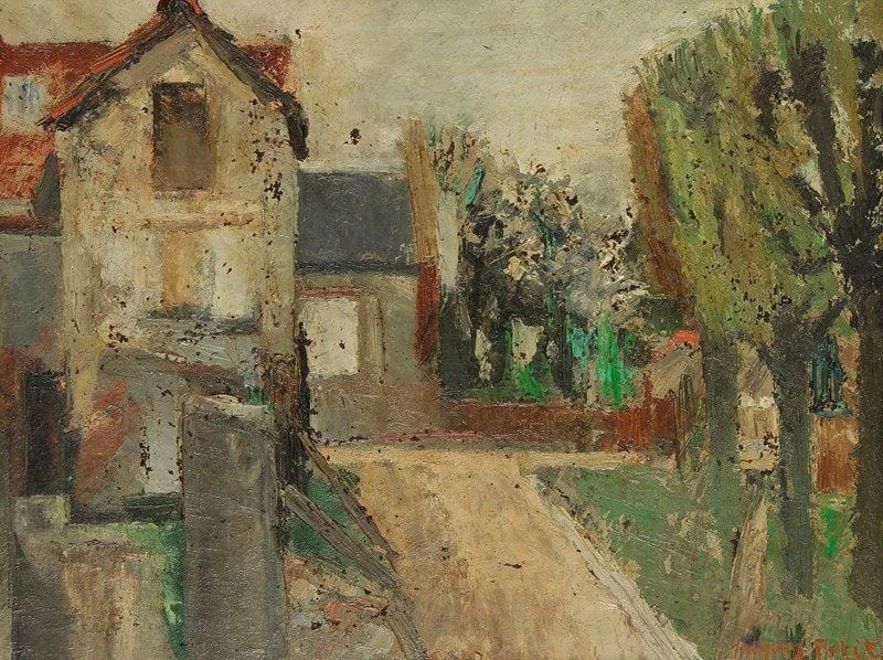 Jacques PETIT (Né en 1925)
Banlieue Huile sur carton. Signée en bas à droite. Signée et titrée au dos. 27 x 36 cm