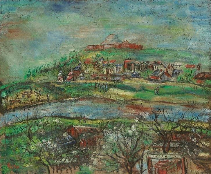 Irène RENO (1884-1953)
La Vistule à Cracovie (Pologne) Huile sur toile. Signée en bas à gauche. Signée et titrée au dos. 54 x 65 cm Exposition: Salon d'automne, 1949.