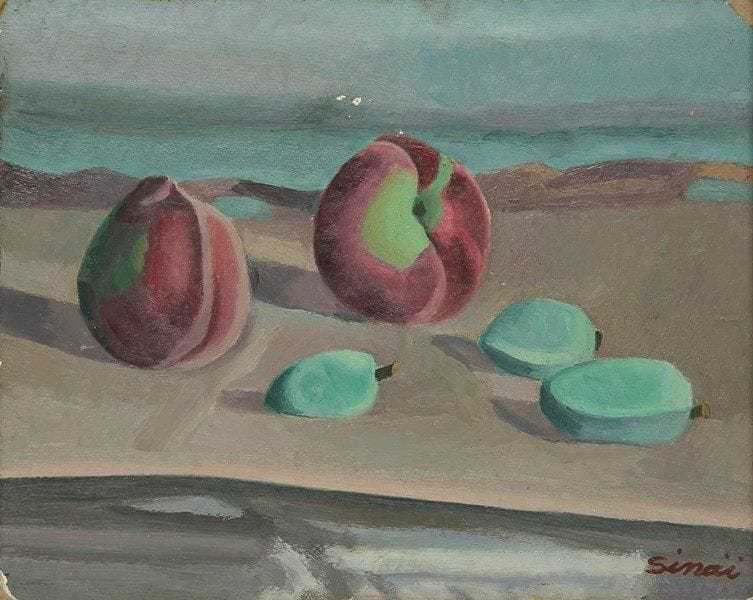 Samuel SINAI (1915-?)
Nature morte aux prunes Huile sur carton. Signée en bas à droite. (Petits manques). 19 x 24 cm