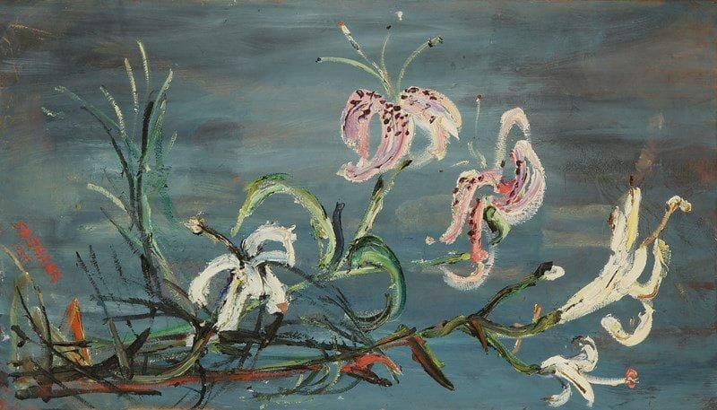 Afroïm SOSHANA (né en 1927)
Les Lys, 1955 Huile sur toile. Signée et datée en bas à droite. 70 x 40 cm