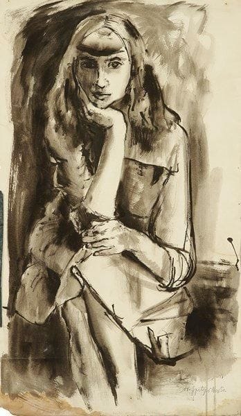 Walter SPITZER (né en 1927)
Jeune fille, 1950 Lavis d'encre. Signé et daté en bas à droite. (Accidents). 74 x 44 cm