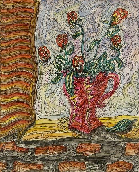 TELLA (XXe siècle)
Vase à la fenêtre, 1956 Encre sur papier contrecollé sur isorel. Signée et datée en bas à droite. 41 x 33 cm