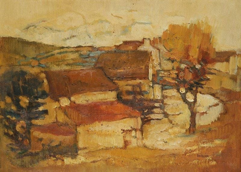 Eliane THIOLLIER (1926-1989)
Campagne, 1962 Huile sur toile. Signée en bas à droite. Signée, datée et titrée au dos. 33 x 46 cm