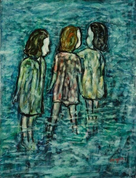 Faibich Schraga ZARFIN (1899-1975)
Les Jeunes filles Encre et gouache sur papier verni. Signée en bas à droite. (Accidents). 65 x 50 cm