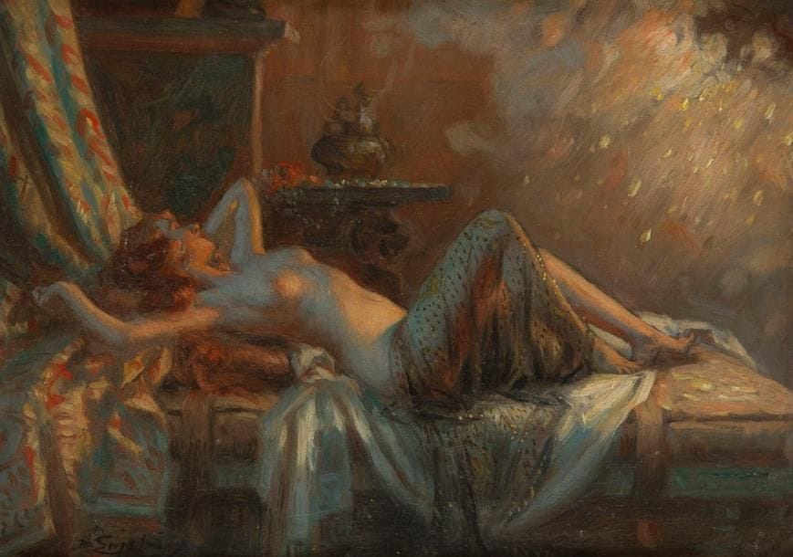 Delphin ENJOLRAS (1857-1945)
Danaé et la pluie d?or. Huile sur panneau. Signée en bas à gauche. 15,5 x 22 cm