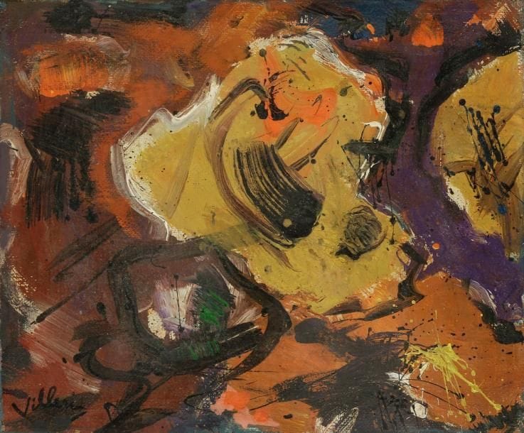 Jean-Dominique VILLERI (1896-1982)
La mort se perfectionne, vers 1966. Huile sur toile. Signée en bas à gauche. Signée et titrée au dos. 56 x 67 cm