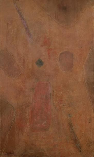 Jean-Dominique VILLERI (1896-1982)
L?espace ardent n° 18, 1964. Huile et collage sur toile. Signée en bas à gauche. Signée et titrée au verso. Contrecollage et découpes réalisés sur une toile de 1958: «La noblesse du doute» au crayon sur le châssis au verso. 162 x 97 cm. Exposition: Cagnes-sur-Mer, Château-Musée, Villeri peintures et reliefs, 2002, reproduit page 27