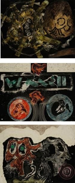 Jorge PIQUERAS [péruvien] (né en 1925)
L?histoire qui se répète - Une tête son image et le diable - Super doble impertinencia blanca, 1961-62. 3 techniques mixtes sur panneau. L?une signée au dos. Datées 1961 et 1962 et titrées au dos. (Petits accidents). Environ 50 x 65 cm chaque