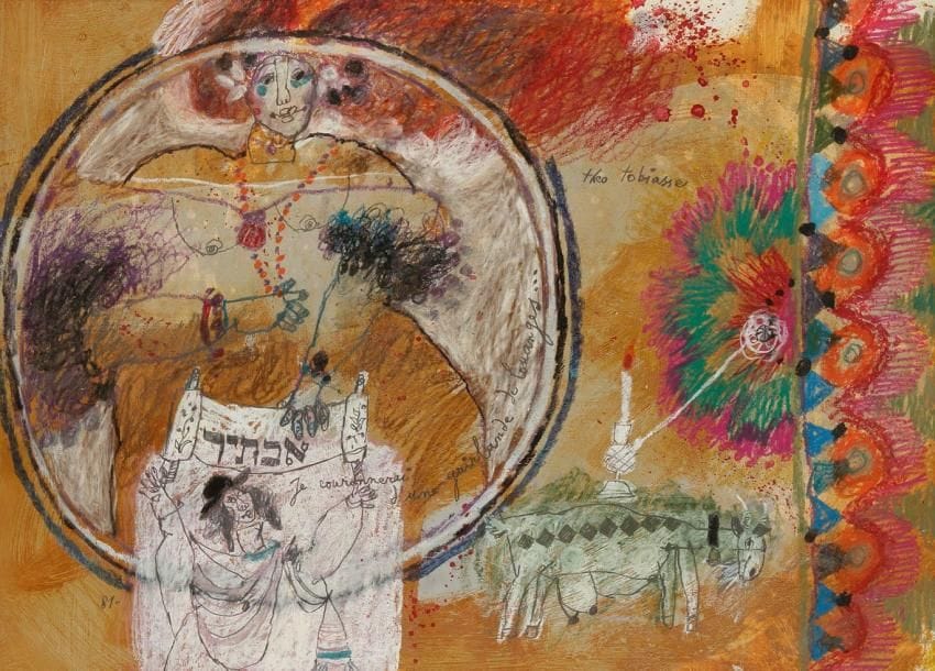 Théo TOBIASSE (1927-1993)
Je couronnerai d?une guirlande, 1981. Technique mixte sur papier contrecollé sur toile. Signée en haut à droite, titrée en hébreu et en français en bas à gauche et datée en bas à gauche. 51 x 70 cm