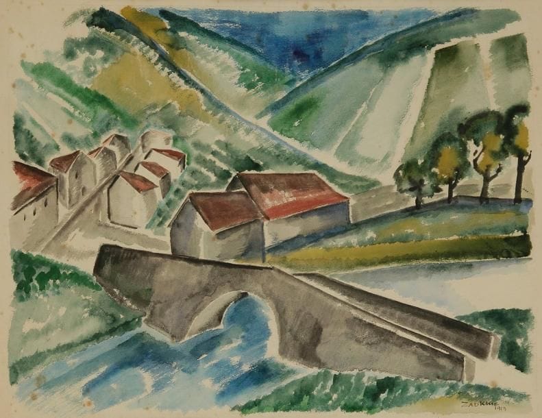 Ossip ZADKINE (1890-1967)
Paysage au vieux pont, 1919. Aquarelle. Signée et datée en bas à droite. (Piqûres). 42,8 x 46,7 cm