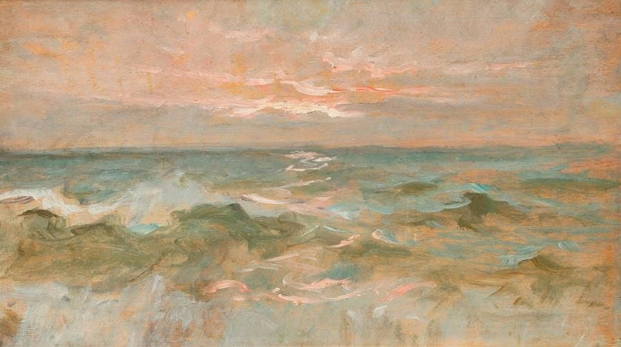 Félix Resurreccion HIDALGO Y PADILLA [philippin] (1857-1915)
Coucher de soleil sur la mer. Huile sur panneau. Annotée F. Hidalgo au dos. Panneau double face avec une composition à la femme au dos. 19 x 33 cm. Vendu sur folle enchère