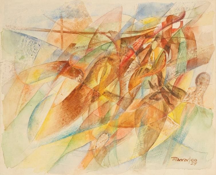 Antonio MARASCO [italien] (1896-1975)
Dinamismo di un atleta, 1929. Aquarelle et crayon gras. Signée et datée en bas à droite. Signée et titrée au dos. 24 x 28,5 cm