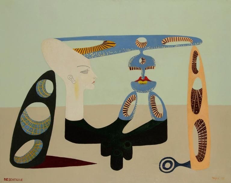 Michel TAPIÉ (1909-1987)
Désertique, 1937. Huile sur toile. Signée et datée en bas à droite. Titrée en bas à gauche. (Restaurations). 73 x 92 cm