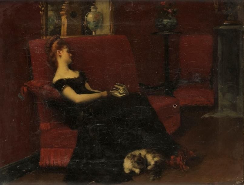 François SCHOMMER (1850-1935)
Femme à la lecture. Huile sur toile. Signée en bas à droite. (Accidents). 27 x 35 cm