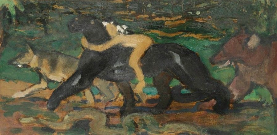 Henri DELUERMOZ (1876-1943)
Mowgli chevauchant la panthère Bagheera, 1940    
Huile sur papier fort marouflé sur toile.
18,5 x 37,5 cm