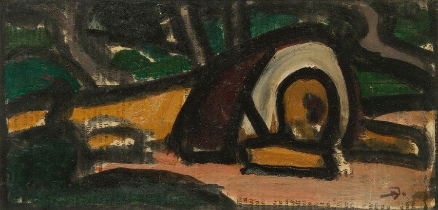 Henri DELUERMOZ (1876-1943)
Lion au repos, circa 1925    
Huile sur papier.
Signée du cachet monogramme en bas à droite.
10,5 x 22,5 cm