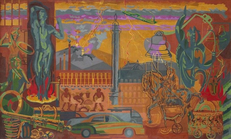 Raymond JUPILLE (1913-1997)
Allégorie à la sidérurgie
Huile sur toile.
Signée JUPILLE en bas à gauche.
200 x 330 cm
Provenance :
Compagnie des chargeurs réunis.
Collection Mr B. Neuilly.
Historique :
Cette œuvre fut commandée dans les années 1960 par le Syndicat des fondeurs à Raymond Jupille. 
L’artiste fit le choix d’une représentation allégorique autour des représentations emblématiques liées à l’activité des fonderies. Il souhaita inscrire la pratique de la fonte, que ce soit dans un but domestique ou artistique, dans l’histoire de l’humanité à travers les figures de l’Âge d’Airain d’Auguste Rodin, de la statue équestre de Bartolomeo Colleoni, du char solaire de Trundholm, du dôme de l’Opéra de Paris ou de la Colonne Vendôme, mais aussi, afin d’en illustrer la vocation contemporaine, par le truchement de la figuration d’une automobile ou d’un avion. 
Le peintre n’oublia pas le lien au spirituel par le biais de la présence d’une cloche et n’omit pas non plus une référence historique pédagogique par une citation, nous ramenant à l’Antiquité, figurée par une frise égyptienne. 
Enfin, l’énergie électrique, indispensable aujourd’hui aux fondeurs, se voyait honorée grâce à des images d’éclairs et de l’ancienne centrale de Porcheville. Raymond Jupille, par cette synthèse, rendait un  hommage appuyé à ces artistes, artisans et industriels qui avaient su, au cours des sociétés humaines successives, faire de cette activité ancestrale un métier de pointe, évoluant sans cesse et répondant aux besoins les plus modernes.
