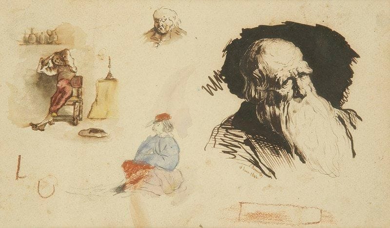 Emmanuel DESPAUX (?)
Études de personnages, 1844 Dessin à l'encre, aquarelle et crayon. Signé et daté en bas à droite. 11,5 x 19 cm