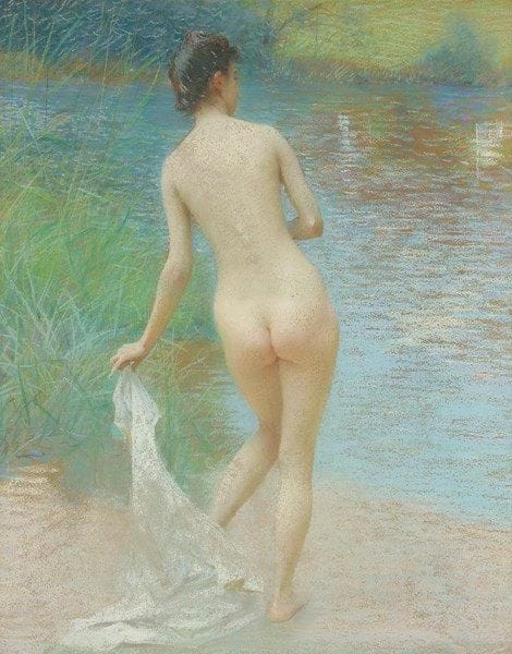 École FRANÇAISE de la fin du XIXe siècle
Femme nue au bord de l'eau Pastel. Non signé. (Déchirures). 61 x 50 cm
