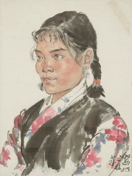 ÉCOLE TIBÉTAINE
Jeune femme aux nattes, 1981 Aquarelle. Signée et située en bas à droite. (Pliures). 42,5 x 31,5 cm