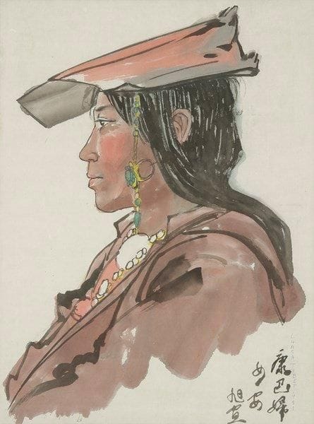 ÉCOLE TIBÉTAINE
Femme tibétaine de profil, 1981 Aquarelle. Signée et située en bas à droite. 42,5 x 31,5 cm