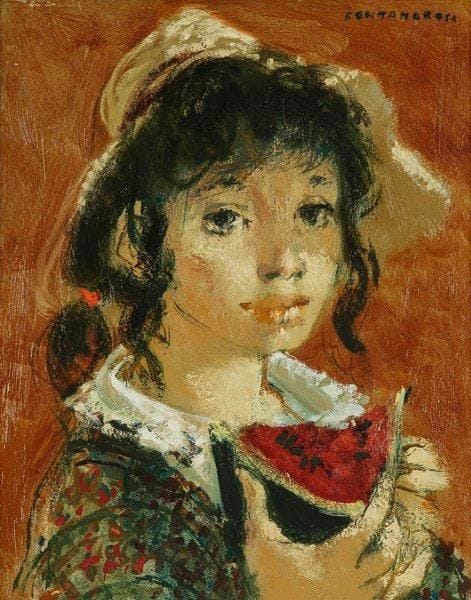 Lucien FONTANAROSA (1912-1975)
Jeune fille à la pastèque Huile sur panneau. Signée en haut à droite. 41 x 33 cm