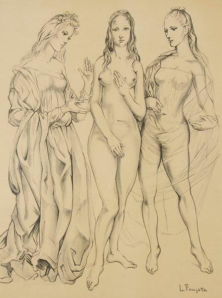 D'après Tsuguharu-Léonard FOUJITA (1886-1968)
Les Trois grâces Lithographie. Signée en bas à droite. 73 x 53 cm