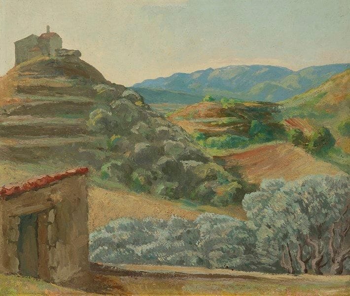 Pierre GIRIEUD (1876-1948)
Paysage à la chapelle, 1927 Huile sur panneau. Signée et datée en bas à droite. 39 x 45,5 cm