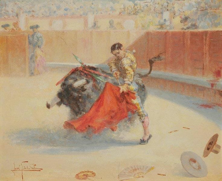 José GONZALES DE LA PEÑA (1887-1961)
Scène de tauromachie ou Pose matinale, 1946 Huile sur isorel. Signée en bas à gauche. Signée, datée et titrée au dos. Annotée «N°1662 de l'atelier» au dos. 38 x 46 cm