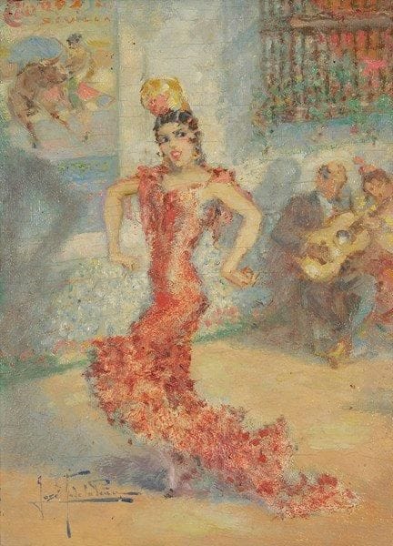 José GONZALES DE LA PEÑA (1887-1961)
Danseuse de Flamenco Huile sur panneau. Signée en bas à gauche. Signée, datée au dos. Annotée «N°1589 de l'atelier» au dos. 33,5 x 24,5 cm