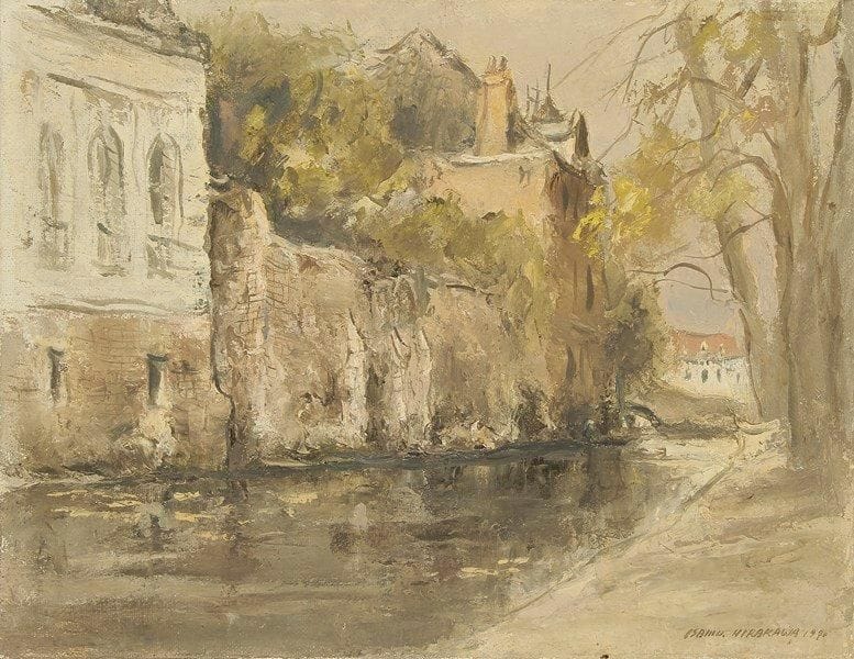 Isamu HIRAKAWA (né en 1921)
Maisons en bord de rivière, 1970 Huile sur toile. Signée et datée en bas à droite. 50 x 65 cm