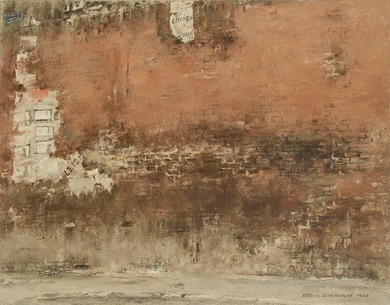 Isamu HIRAKAWA (né en 1921)
Pan de mur, 1968 Huile sur toile. Signée et datée en bas à droite. 89 x 116 cm