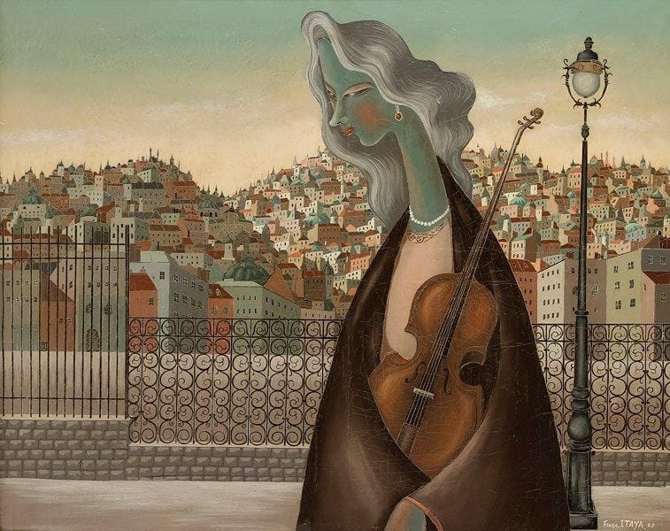 Foussa ITAYA [japonais-français] (né en 1919)
Femme au violon, 1953 Huile sur toile. Signée et datée en bas à droite. (Craquelures et une restauration). 81 x 100 cm