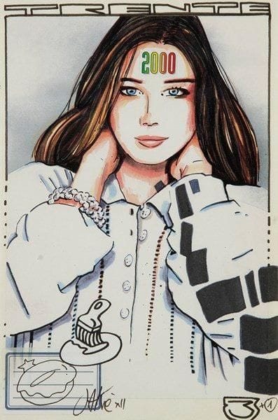 JAKE (né en 1967)
Carla, 2000 Tirage rehaussé et collage. Signé en bas à gauche. 23 x 15 cm