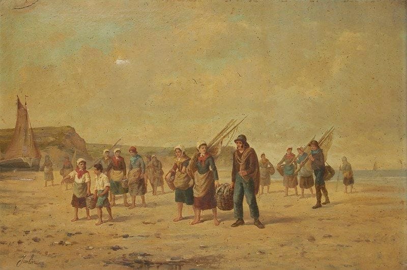 Lucien JOULIN (1842-c.1900)
Le Retour des pêcheurs Huile sur toile. Signée en bas à gauche. (Petits accidents). 62 x 92 cm