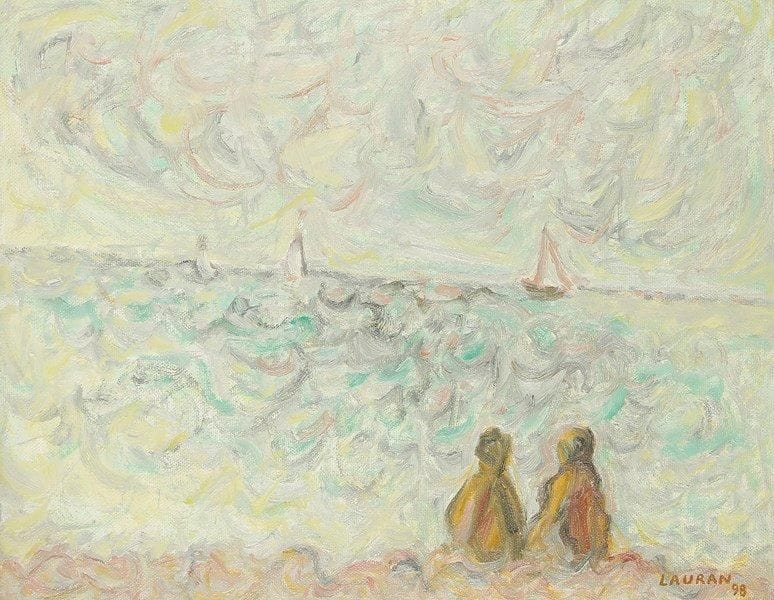 André LAURAN (1922-2009)
Mer et voiliers à Étretat, 1998 Huile sur toile. Signée et datée en bas à droite. 27 x 35 cm