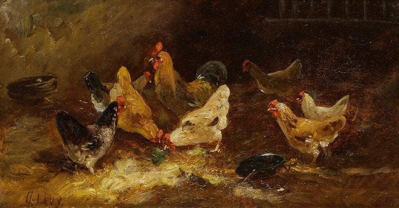 J(eanne ?) LEVY (XIXe - XXe siècle)
Le Poulailler Huile sur toile. Signée en bas à gauche. 22 x 41 cm