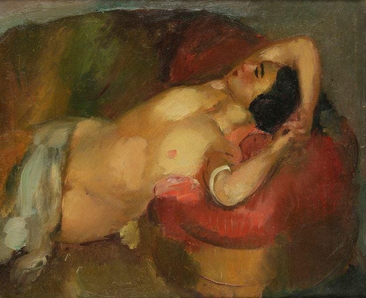 Henri OTTMANN (1877-1927)
Nu couché Huile sur toile. Non signée. Annotée au dos «Par mon mari Henri Ottmann - Marianne Ottmann». 38 x 46 cm