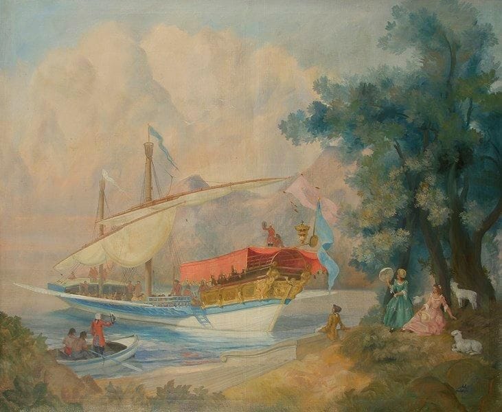 Michel PELLETAN (XXe siècle)
Le Départ du galion, 1947 Huile sur toile. Signée et datée en bas à droite. (Quelques griffures et craquelures). 115 x 141 cm