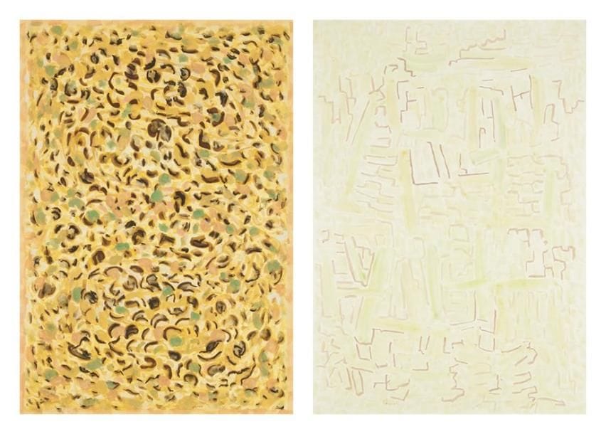Charles PIQUOIS (1914-?)
La Ville schématique - Le Champ jaune, 1987-88 Deux gouaches. Signées en bas à gauche. Signées, datées et titrées au dos. 102 x 70 cm
