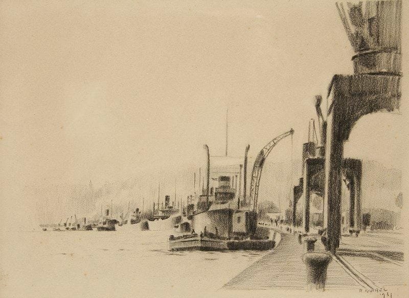 Raymond QUIBEL (1883-1978)
Port maritime, 1931 Fusain. Signé et daté en bas à droite. 26,5 x 36 cm