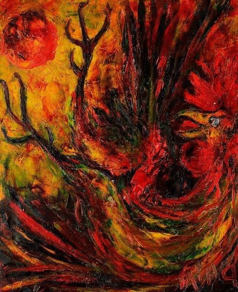 ALAIN RAYA-SORKINE (NÉ EN 1936)
La Chute du Coq, 1963 Huile sur toile. Signée en bas à droite. Signée, datée et titrée au dos. 73 x 60 cm
