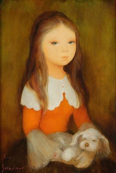 Guy SERADOUR (1922-2007)
Jeune fille au chien Huile sur toile. Signée en bas à gauche. 55 x 38 cm